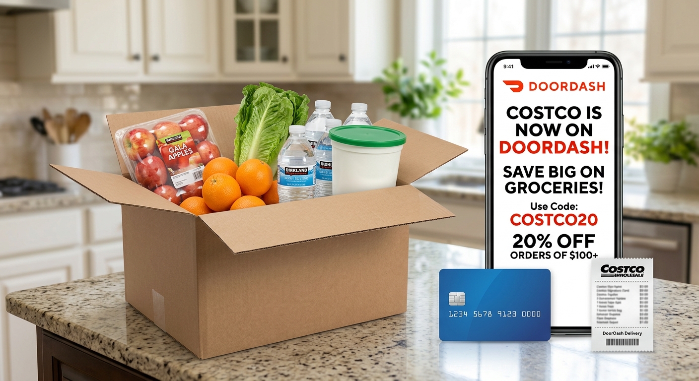 A grocery delivery box with produce, a phone, and a blue credit card on a kitchen counter