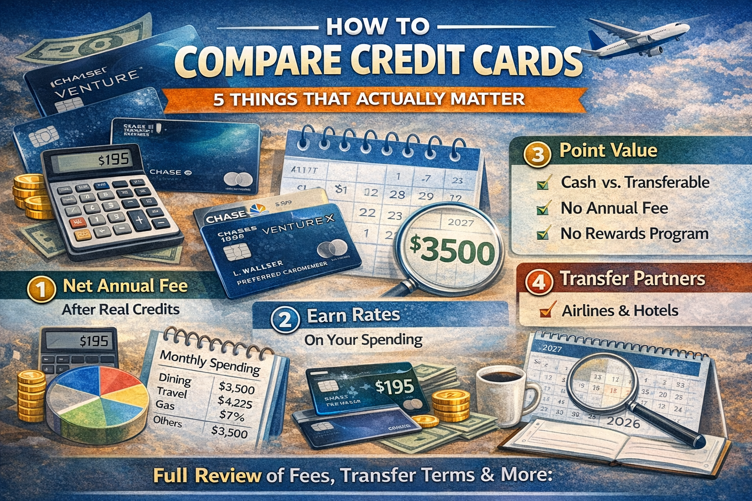 How to compare credit cards — 5 things that actually matter including net annual fee, earn rates, point value, and transfer partners