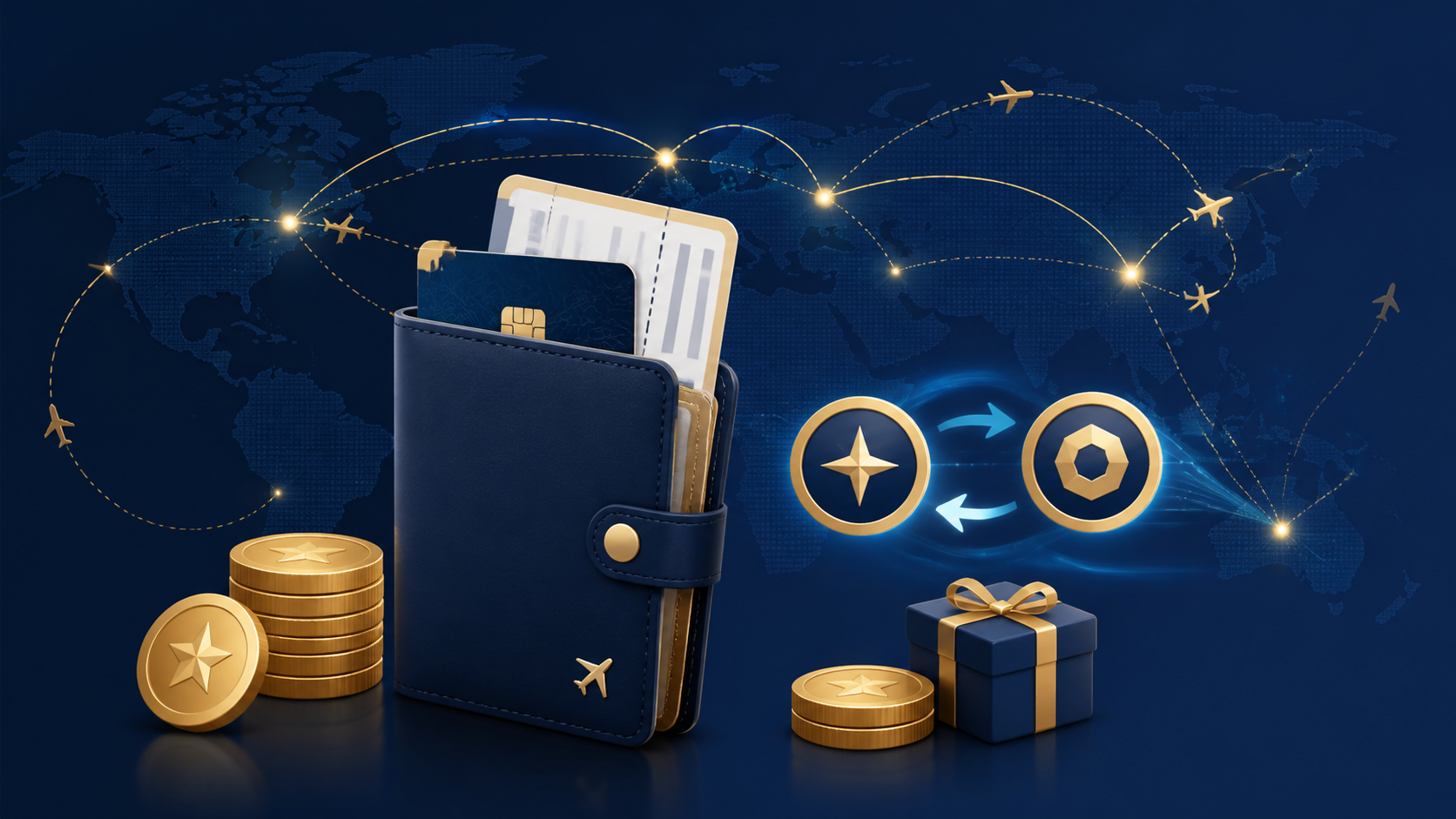 Travel wallet, points tokens, and global route map representing the August 3-9 rewards-news recap