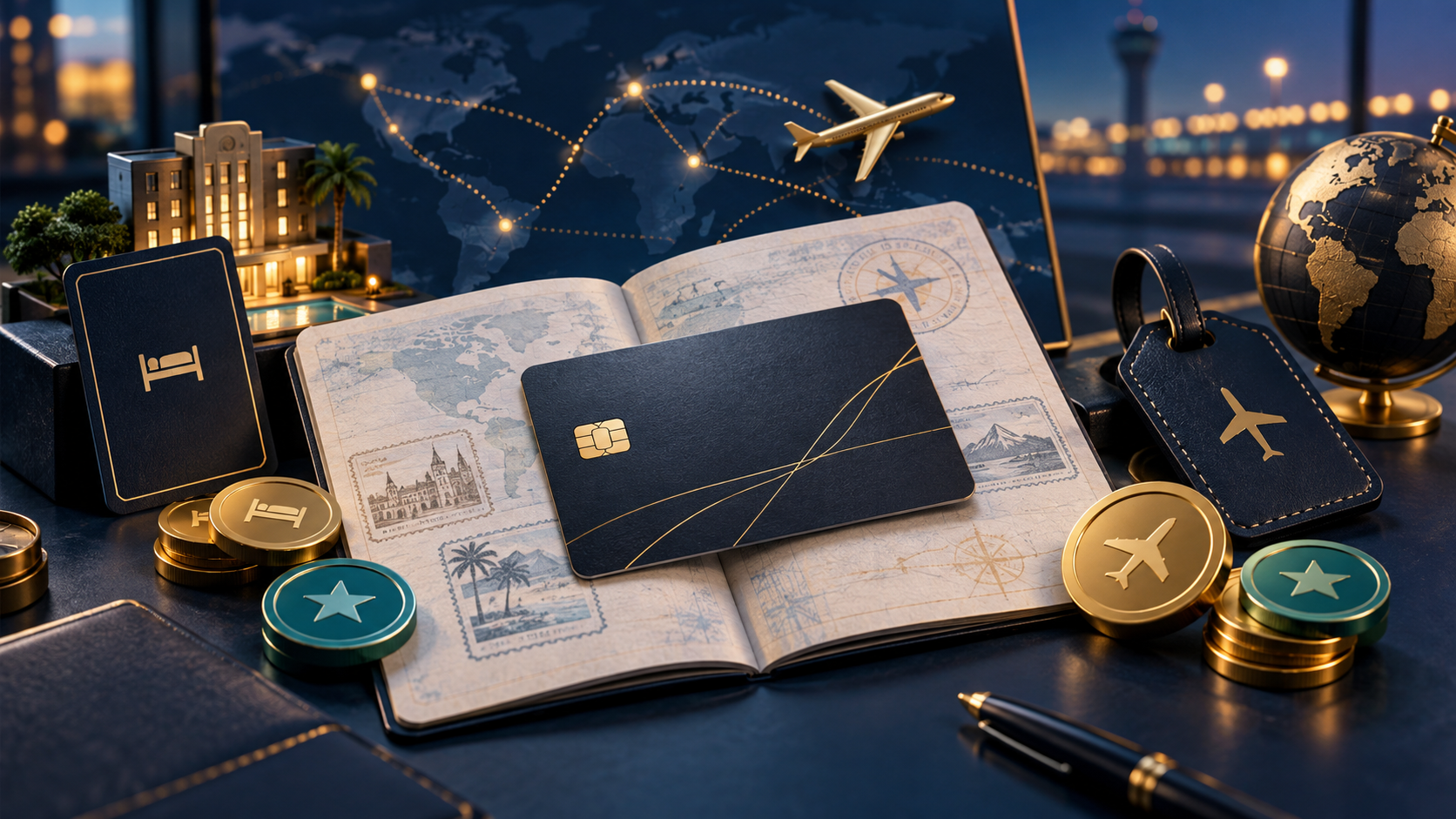 Navy and gold travel-rewards illustration with a credit card, hotel, airplane, passport, and points tokens
